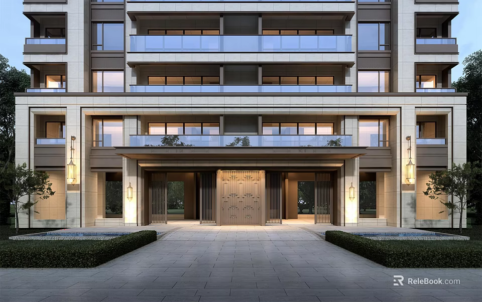 Modern Residential Main Entrance Gate With Stone Facade Glass Doors And Landscaped Path 3d model 