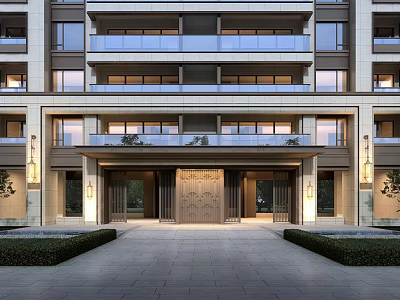Modern Residential Main Entrance Gate With Stone Facade Glass Doors And Landscaped Path 3d model