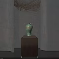 Ceramic Vessel Display On Wooden Stand With Gray Walls And Decorative Lines In Gallery