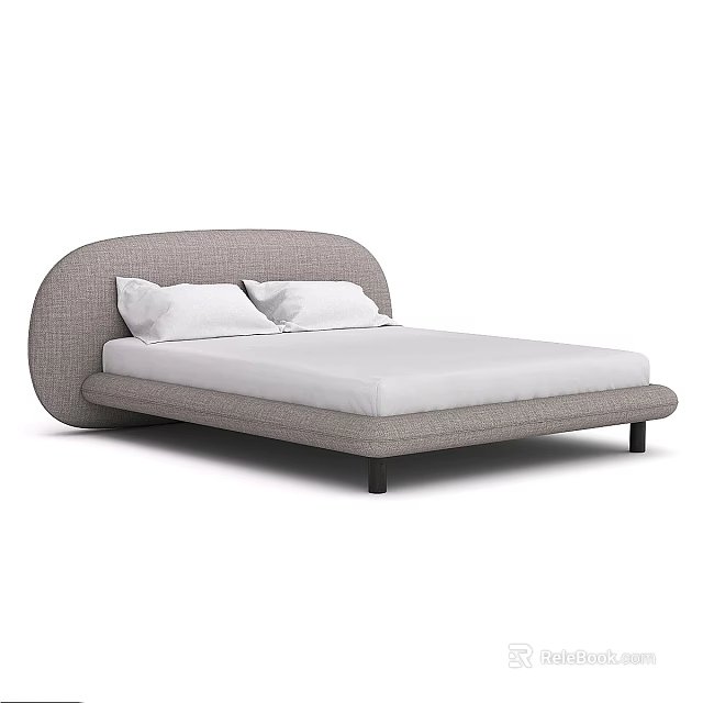 Stylish Modern Double Bed With Curved Gray Fabric Headboard White Mattress And Black Legs 3d model 