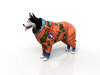 Dog In Orange Spacesuit With Straps And Emblem Patches Standing On White Background 3d model