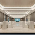 Modern Elegant Banquet Hall Interior With Tiered Ceiling Marble Floor And Neatly Arranged Banquet Furniture