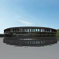 Modern Circular Building With Large Glass Windows Over Water And Reflection 3d model