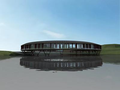 Modern Circular Building With Large Glass Windows Over Water And Reflection 3d model