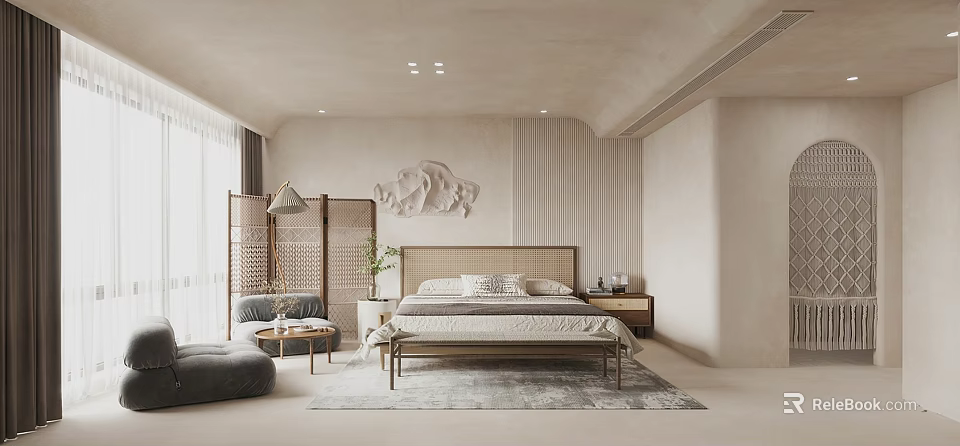 Hotel Guest Room Interior With Beige Tones Wooden Furniture Rattan Screen Carpet And Decorative Painting 3d model 