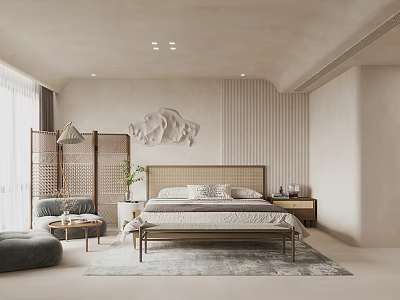 Hotel Guest Room Interior With Beige Tones Wooden Furniture Rattan Screen Carpet And Decorative Painting 3d model