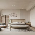 Hotel Guest Room Interior With Beige Tones Wooden Furniture Rattan Screen Carpet And Decorative Painting