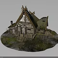 Traditional Wooden House With Gabled Green Roof Decorative Spires And Surrounding Grass