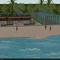 Garden Landscape Featuring Glass Pavilion Sand Beach Waterfall Trees and People Along Water Area