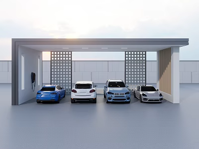 Carport with Lattice Design Columns Covering Four Cars in Gray Outdoor Parking Area 3d model
