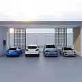 Carport with Lattice Design Columns Covering Four Cars in Gray Outdoor Parking Area