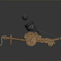 Ancient Cannon Weapon With Wooden Carriage Wheels And Cannonball On Top