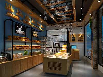 Cozy Bakery Interior Design With Display Shelves Glass Cases And Fresh Desserts 3d model
