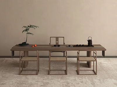 Simple Tea Table and Chairs with Tea Set Green Plant on Beige Wall Carpeted Floor 3d model