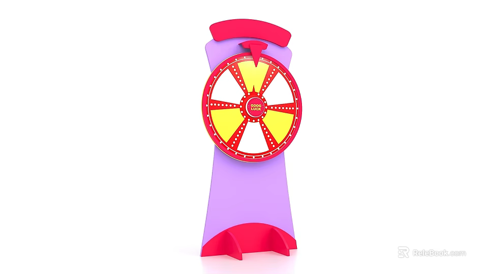 Decorative Fortune Wheel With Purple Base Stand Red Pointer And Colorful Sections 3d model
