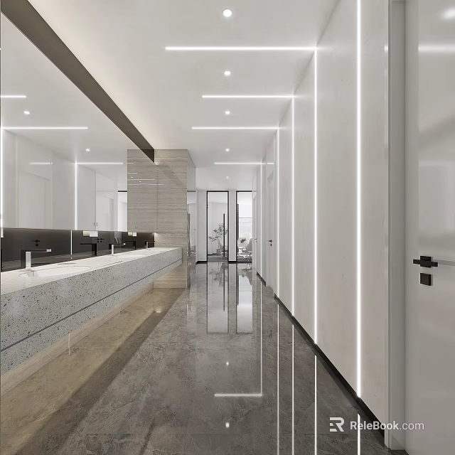 Modern Office Corridor With Mirrored Walls Recessed Lighting And Polished Floor 3d model 