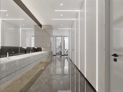 Modern Office Corridor With Mirrored Walls Recessed Lighting And Polished Floor 3d model