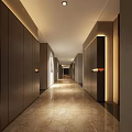 Modern Hotel Corridor Interior with Recessed Lighting Marble Floor and Wooden Panel Walls