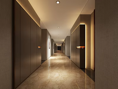 Modern Hotel Corridor Interior with Recessed Lighting Marble Floor and Wooden Panel Walls 3d model