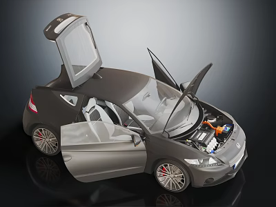 Modern Car With Open Doors Hood And Detailed Interior Engine Compartment 3d model