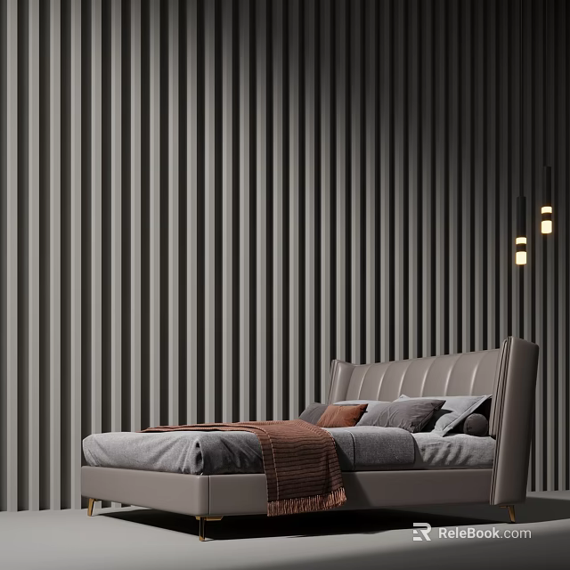 Modern Double Bed With Gray Striped Wall Brown Pillows And Wall Lamps 3d model 