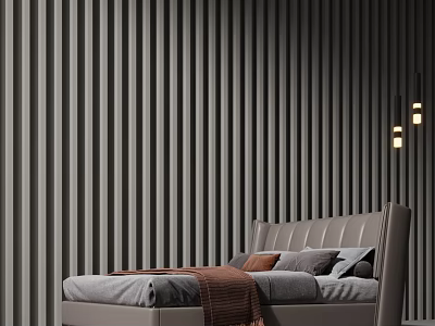 Modern Double Bed With Gray Striped Wall Brown Pillows And Wall Lamps 3d model