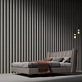 Modern Double Bed With Gray Striped Wall Brown Pillows And Wall Lamps