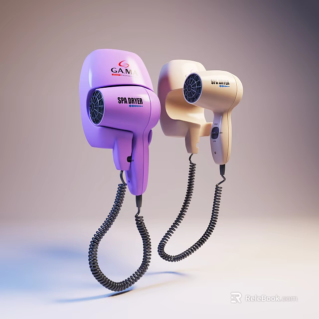 Stylish Purple and Beige Hair Dryers with Coiled Cords for Daily Household Use 3d model 