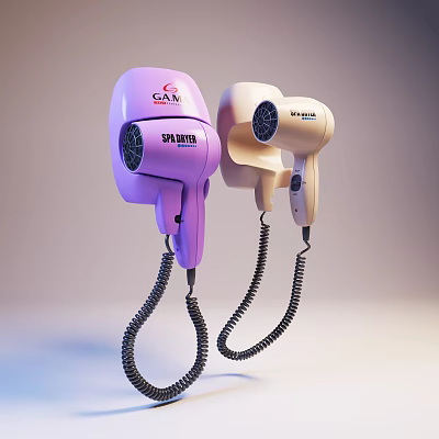 Stylish Purple and Beige Hair Dryers with Coiled Cords for Daily Household Use 3d model
