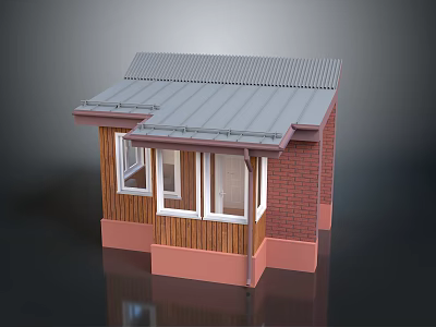 Small Red Brick Building Exterior With Metal Roof Wooden Paneling And Windows 3d model