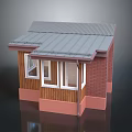 Small Red Brick Building Exterior With Metal Roof Wooden Paneling And Windows