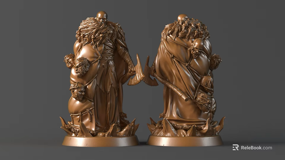 Detailed Bronze Sculpture Carving of Human Figure With Cloak Weapon and Decorative Base 3d model 