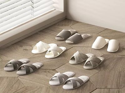 Indoor Open Toe Slippers In White And Gray Colors On Wooden Floor For Home Use 3d model