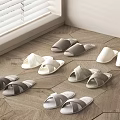 Indoor Open Toe Slippers In White And Gray Colors On Wooden Floor For Home Use