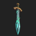 Ornate Fantasy Sword With Golden Hilt Crossguard Green Gem And Blue Glowing Patterns