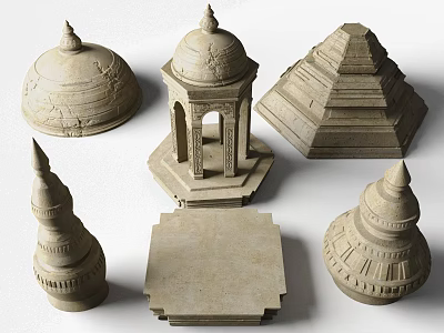 Stone Wooden Architectural Models Featuring Dome Tower Pyramid And Square Base Designs 3d model