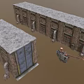 Old Brick Factory Buildings In Two Rows With Red Crane And Gray Background