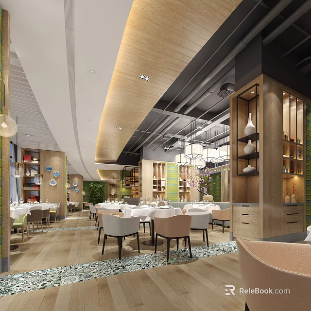 Modern Restaurant Interior Design With Wooden Decor Dining Tables Chairs And Hanging Lights 3d model 