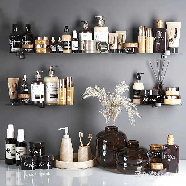 Stylish Bathroom Accessories On Organized Shelves With Various Bottles Dispensers And Decorative Plants 3d model 