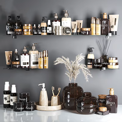Stylish Bathroom Accessories On Organized Shelves With Various Bottles Dispensers And Decorative Plants 3d model