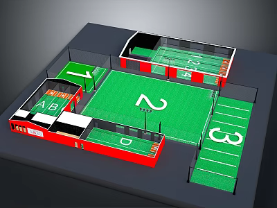 Sports Fitness Training Facility With Green Turf Red Structures Numbered Sections And Letter Marked Zones 3d model