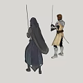 Man In Sci Fi Warrior Outfit Holding Sword Against Gray Background