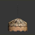 Vintage Octagonal Chandelier With Patterned Glass Shade And Fringed Artistic Design