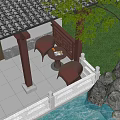 Two Leisure Chairs In Chinese Style Courtyard Pavilion With Small Table And Green Plants