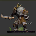 Horned Fantasy Warrior Character With White Fur Armored Holding Sword On Grass Base Platform
