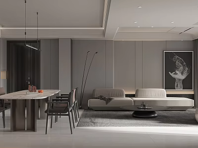 Modern Living and Dining Room Interior Design With Sofa Dining Table Chairs And Artwork 3d model
