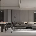 Modern Living and Dining Room Interior Design With Sofa Dining Table Chairs And Artwork