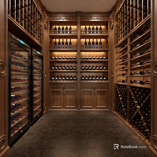 Elegant Wine Cellar Interior With Wooden Racks Glass Door Storage And Arranged Wine Bottles 3d model 