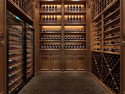 Elegant Wine Cellar Interior With Wooden Racks Glass Door Storage And Arranged Wine Bottles 3d model
