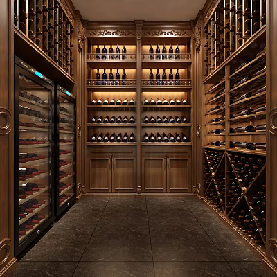 Elegant Wine Cellar Interior With Wooden Racks Glass Door Storage And Arranged Wine Bottles 3d model